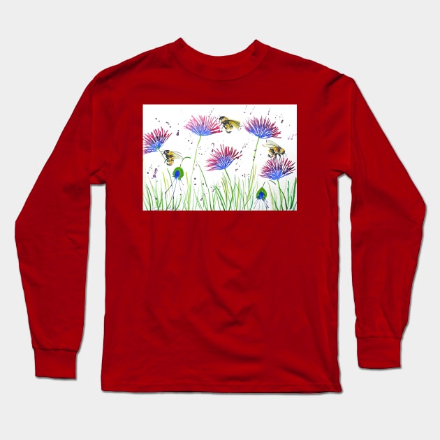 Bumble bees and Blue and Purple Flowers Long Sleeve T-Shirt by Casimirasquirkyart